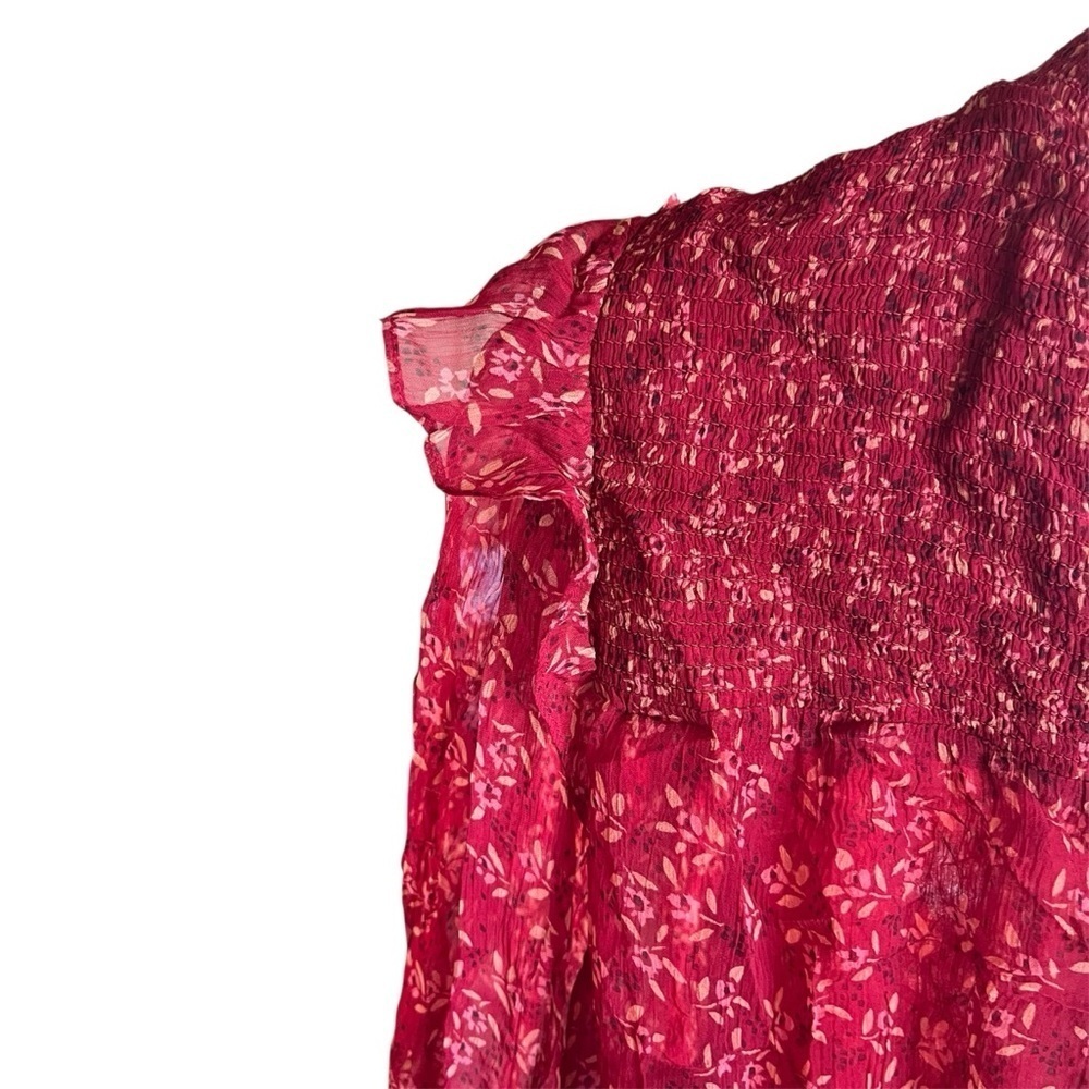 Free People Red Roma Blouse Sheer Floral Long Sleeve with Keyhole Back Small - Picture 8 of 15